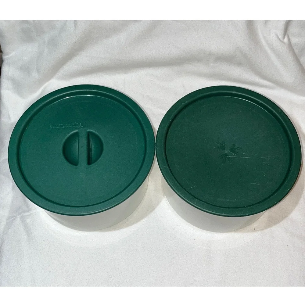 Vintage Tupperware Canister Set Cream Hunter Green Round 2 Bases 2 Lids Scoop‎